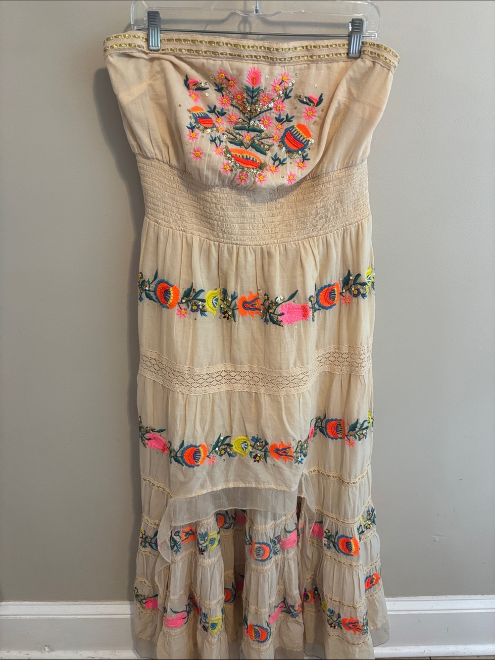 Boston Proper High Low Embroidered Maxi Dress Cream Cotton Sequin Lace L Large